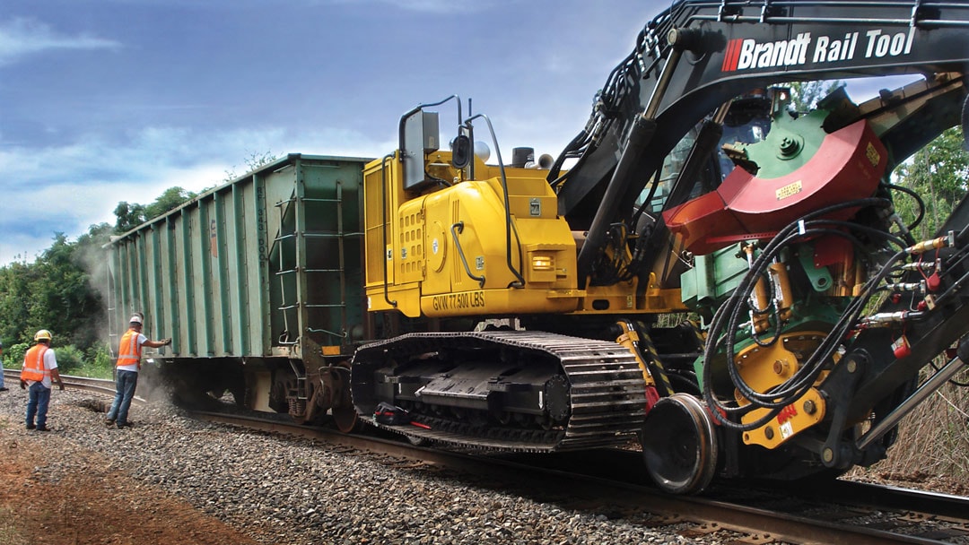 Brandt Road rail tool pulls a train car