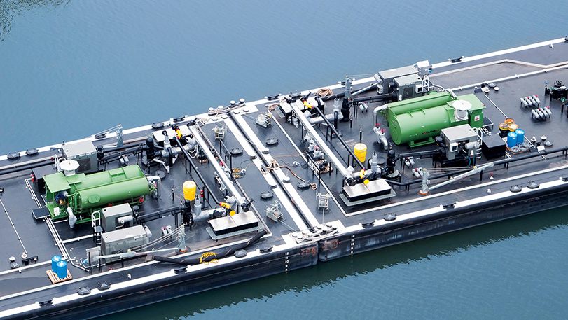Barge deck showing pumps