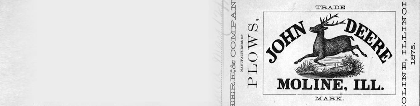 A historical 1875 John Deere advertisement “Deere & Company, manufacturing of plows, Moline, Illinois, 1875” with the leaping deer trademark