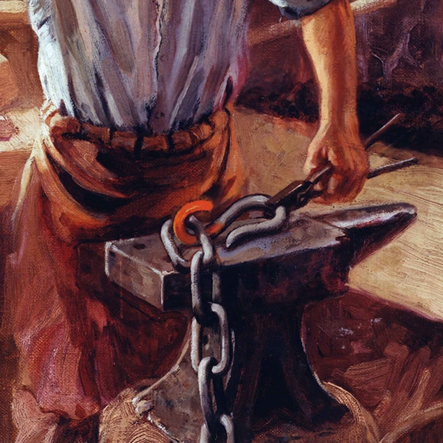 Walter Haskell Hinton painting of John Deere working in his blacksmith shop