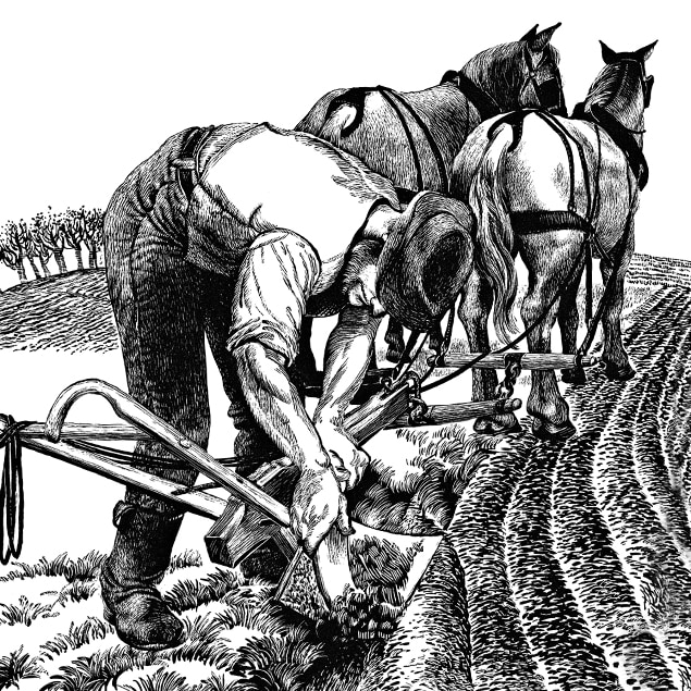 鋼鉄製のプラウから土をこそげ落とす農夫の線画イラスト