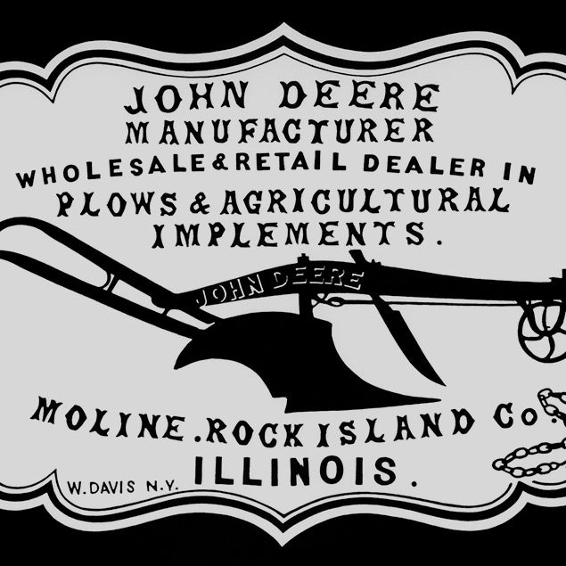 1855 年の歴史的な販売店広告「プラウ/農機具の製造、卸、小売の John Deere (イリノイ州ロックアイランド郡モリーン)」