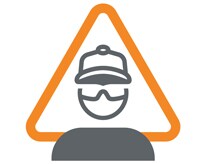 安全帽とメガネをかけた人物のアイコンが描かれたオレンジ色の三角形