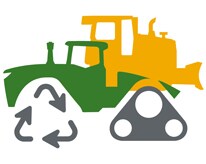 Green and yellow icon of tracked equipment with recycle triangle replacing a wheel track.