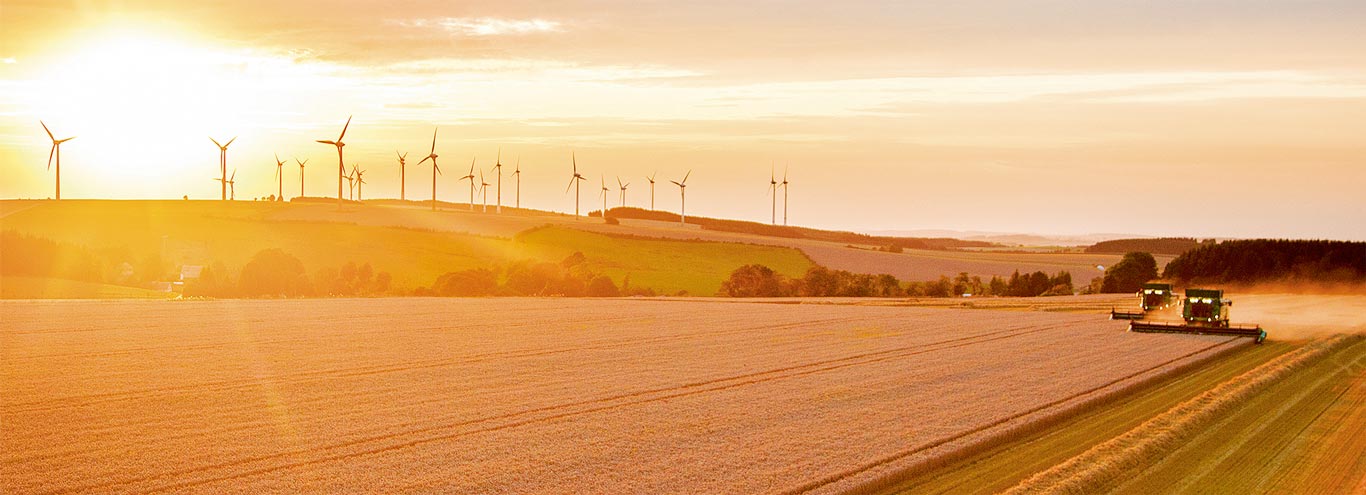 遠くに風車のエネルギー農場が見える畑で作業する 2 台のハーベスター