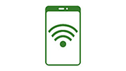 Green icon of mobile phone displaying service bars.