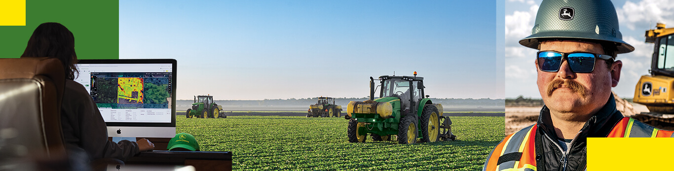 Collage of images featuring a person on a computer, an agricultural scene with multiple tractors in a green field, and a close up of a person smiling.