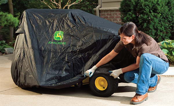 fitting a John Deere ride on mower cover accessory