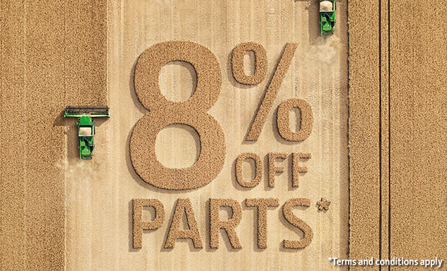 8% off parts with an overhead image of combines working in a field.
