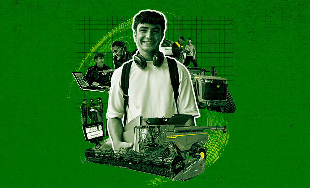 Student with tractor and technicians in the background