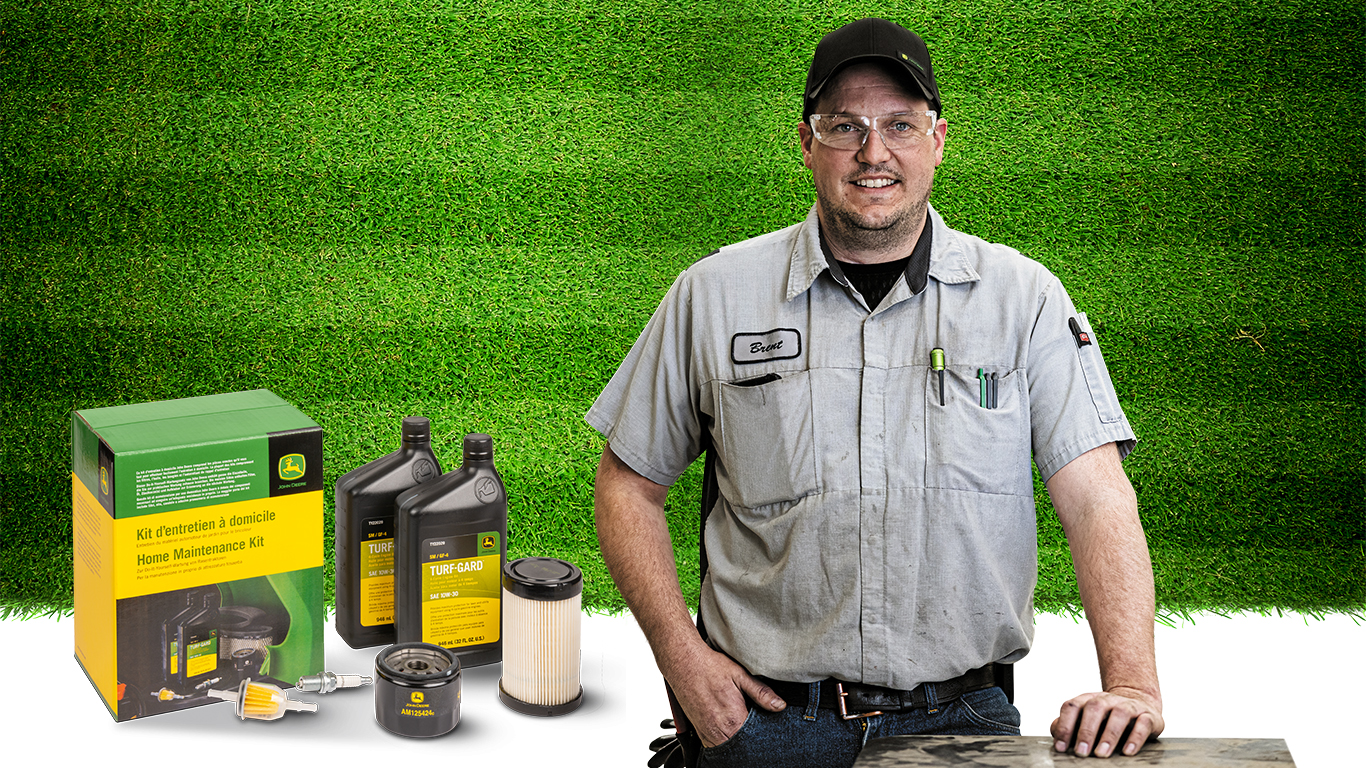 Do Right by Your Ride On Man standing behind grass background with Home Maintanence Kit & Turf Gard in front of him
