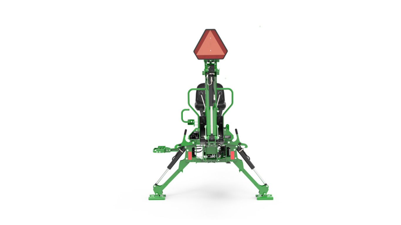 A front-facing studio shot of a BH160 green backhoe implement on a white background.