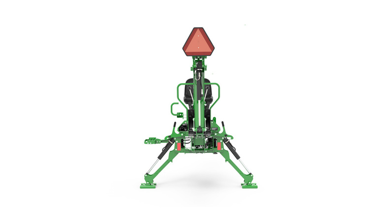 A front-facing studio shot of a BH160 green backhoe implement on a white background.