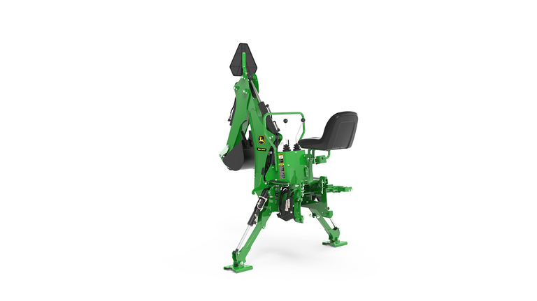 A rear-left facing studio shot of a BH160 green backhoe implement on a white background.