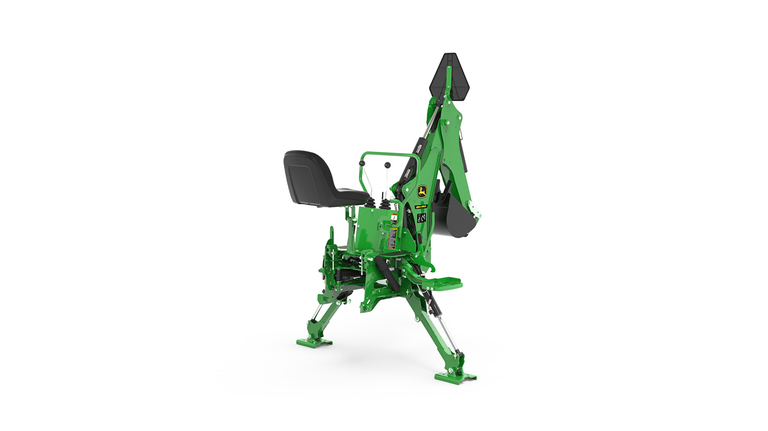 A rear-right facing studio shot of a BH160 green backhoe implement on a white background.