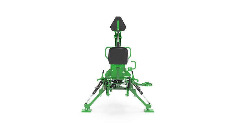 A rear-facing studio shot of a BH160 green backhoe implement on a white background.