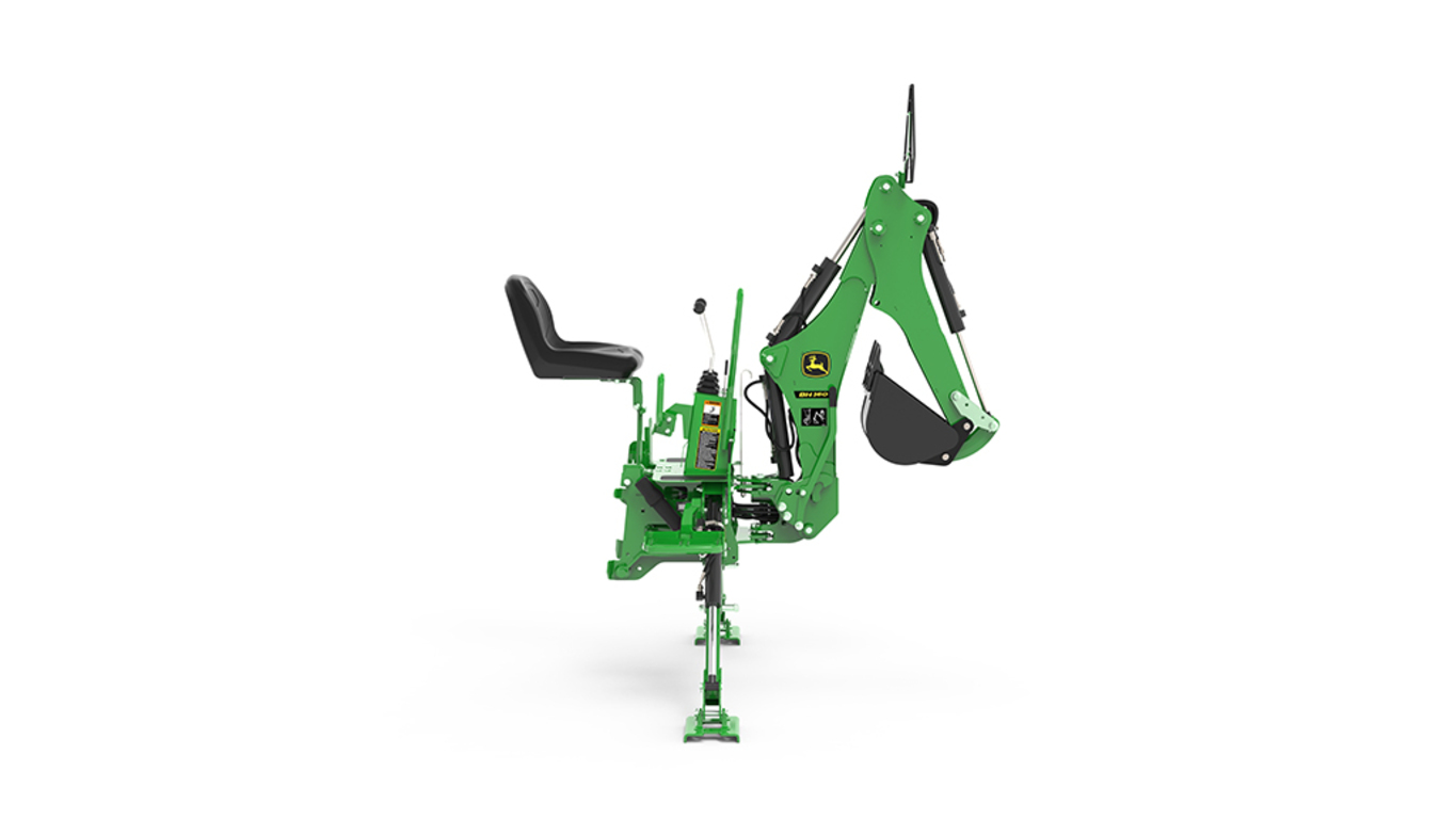 A right-facing studio shot of a BH160 green backhoe implement on a white background.