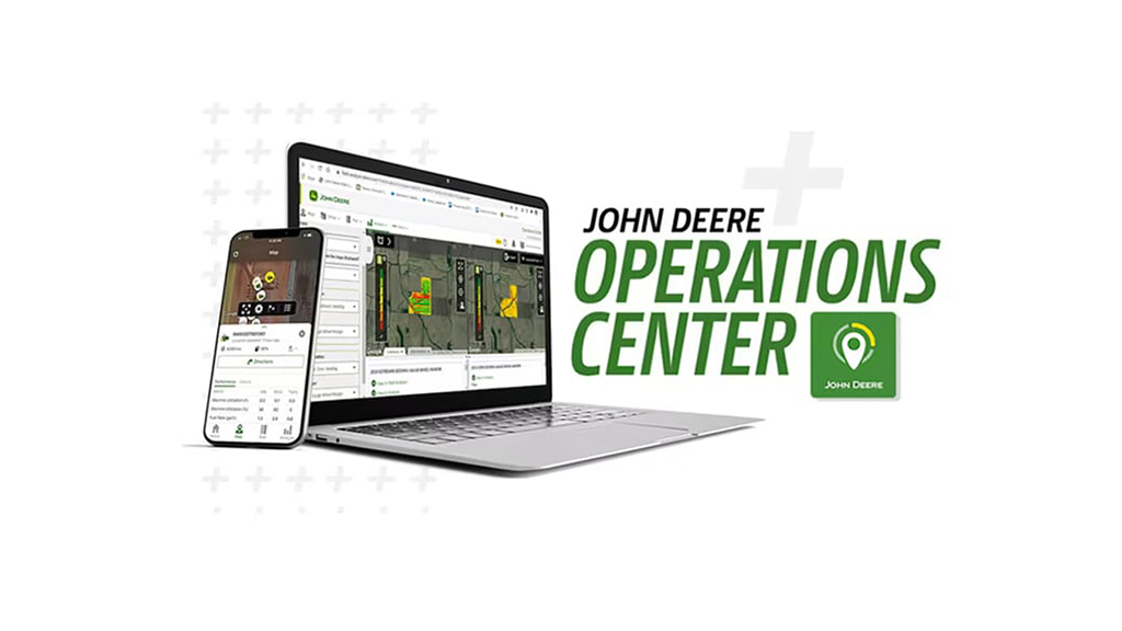 Studio shot of a laptop computer and mobile device and a John Deere Operations Center logo and icon. Studio shot of a laptop computer and mobile device and a John Deere Operations Center logo and icon.