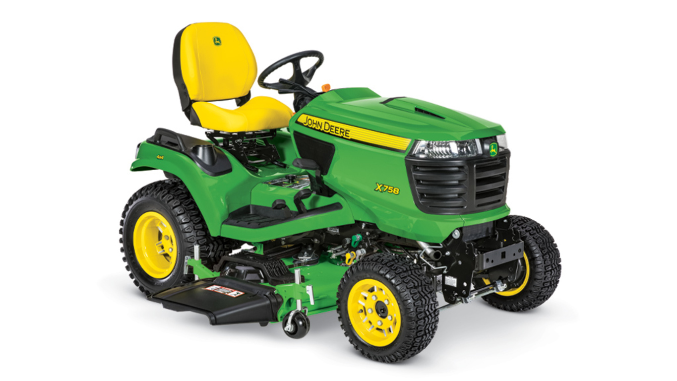 Green John Deere X758 mower with yellow seat and black steering wheel.