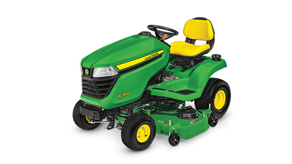 Green John Deere X350 mower with yellow seat and black steering wheel.