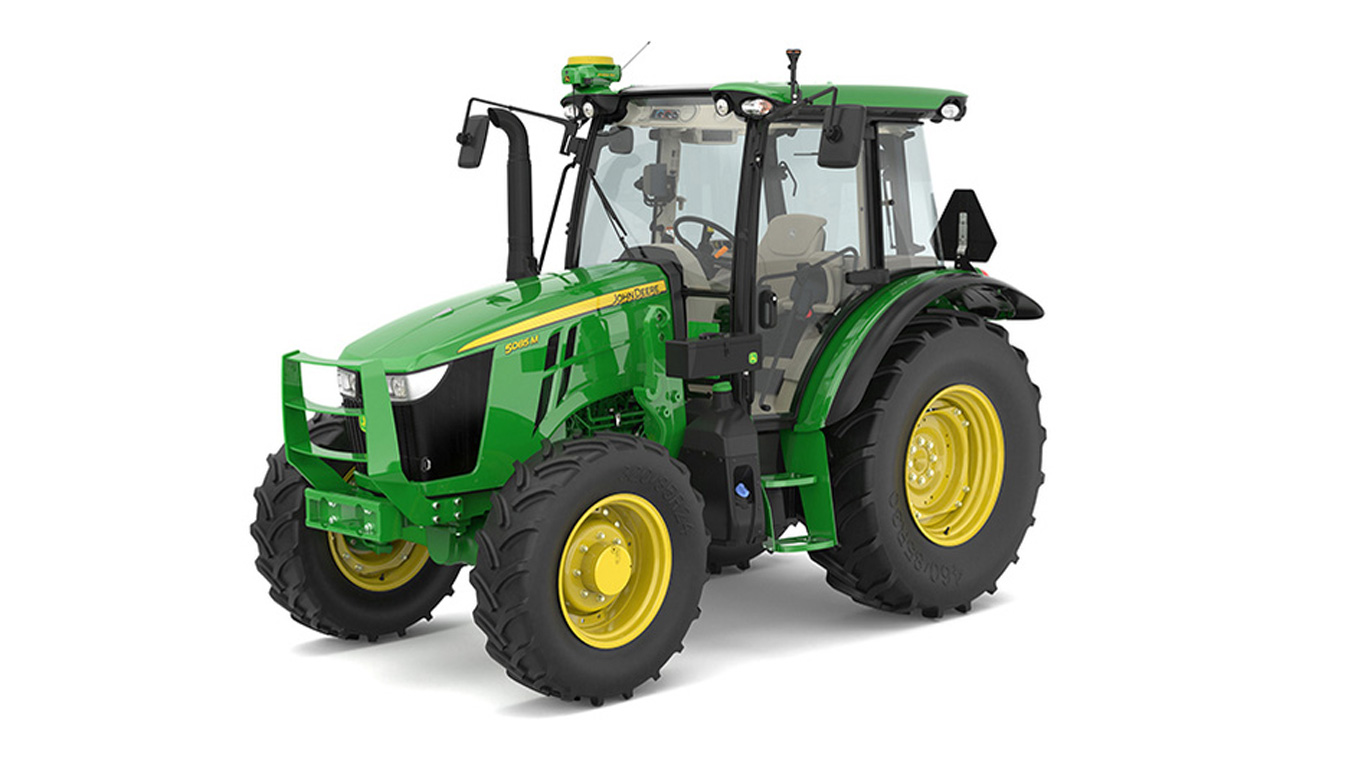 Green John Deere tractor with yellow wheels, cab, and attachments, front-left view.