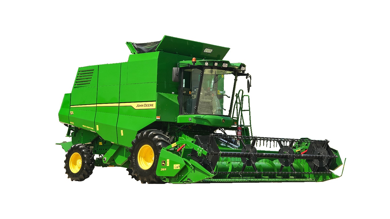 John Deere combine harvester with wide grain header on a white background, showing full machine design and front cutting system.