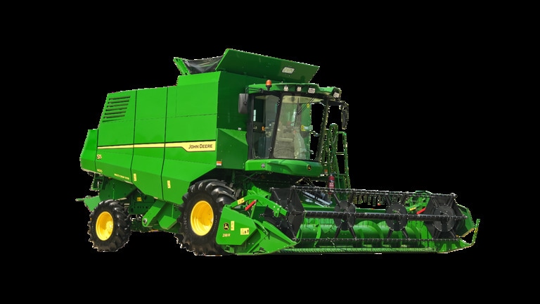 John Deere combine harvester with wide grain header on a white background, showing full machine design and front cutting system.